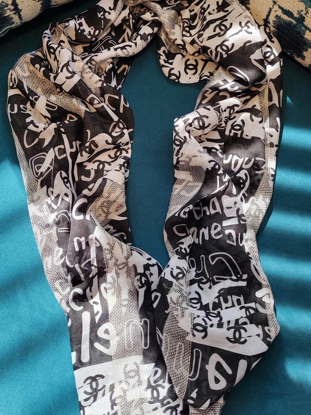 CHANEL Black & White Logo Graphic Silk-Blend Scarf